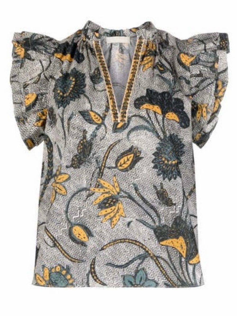 Ulla Johnson Yellow, Teal & Black Floral Split-Neck Blouse